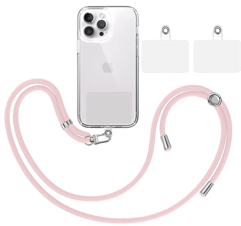TBOC Pack: Cordón Correa Cuerda Universal [Rosa Claro] + 2 Parches Extra de Sujección | Colgar Funda Teléfono Móvil en Cuello | Cinta Cadena Colgante Colgador Lanyard con Enganche Llavero Móviles