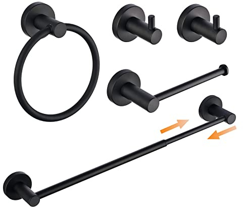 Juego de Accesorios de baño Negros – Toallero Ajustable de 33 a 60 cm, Soporte para Rollo de Papel higiénico, 2 Ganchos para Toallas, montado en la Pared SHUNLI