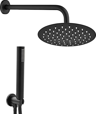 Set doccia con soffione e doccetta nero opaco, acciaio INOX e abs, anticalcare (Diametro 30 cm, Tondo)