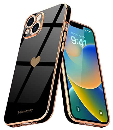 Teageo Hülle für iPhone 14 Stoßfest Frau Herzmuster, Schwarz | Mädchen Stilvoll Galvanisierte Schutzhülle Weich TPU Phone Case