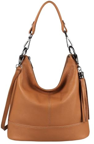 OBC Made in Italy Damen Leder Tasche Umhängetasche Shopper Schultertasche Handtasche Crossbody City Bag Crossover Ledertasche Damentasche Fransen Cognac