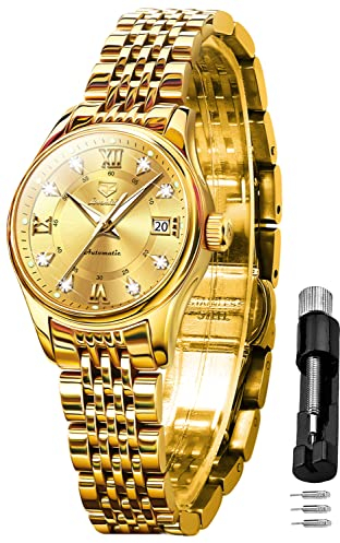 OLEVS Damen Automatikuhr Luxus Diamant Selbstaufzug Kleid Armbanduhr Mondphase Edelstahl Wasserdicht Leuchtend Blau Zifferblatt …, Gold-L8939, Damen-Armbanduhr