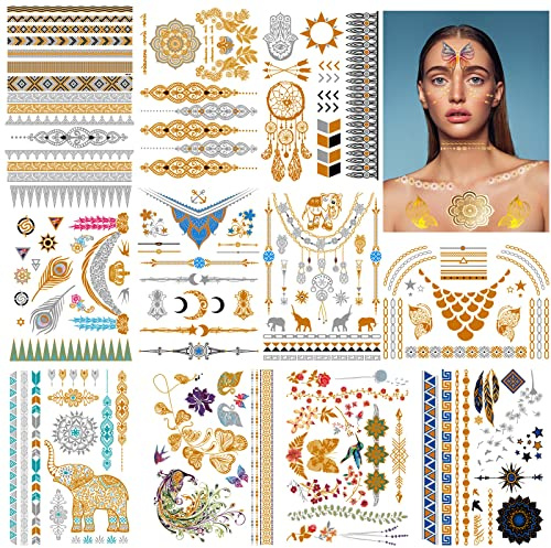 URAQT Metallische Tattoos, 12 wasserdicht Blatt temporäres Tattoo-Papier | abnehmbar Flash Aufkleber Klebetattoos Erwachsene, Klebe Tätowierung Folie Festival Party Accessoire für Erwachsene Kinder