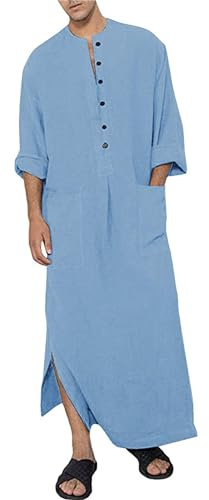 YAOHUOLE Men Casual Kaftan Thobe, Long Sleeve Men Thobe with Pocket Bleu M