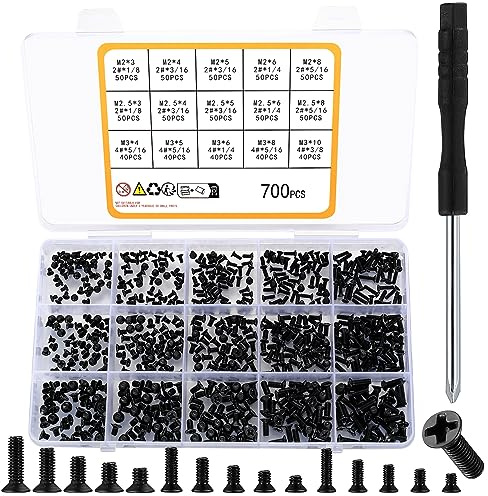 700 Pcs Flat Head Machine Screws, Countersunk Head Phillips Screw Bolts, 2# 4# Black Computer Motherboard Screws Assortment Kit for HDD SSD Hard Drive PC Fan PC Case Screws