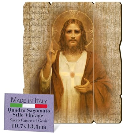 Brothers Bonella | Formad träbild i vintagestil av Jesu heliga hjärta f.to 10,7 x 13,3 cm | Tillverkad i Italien