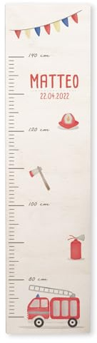 Personalisierte Messlatte für Kinder mit buntem Wunschdruck - 70-140 cm - Größenmesser Kinderzimmer aus Holz - Wand Dekoration Messleiste Kind - Personalisiertes Geschenk Baby (Feuerwehr)