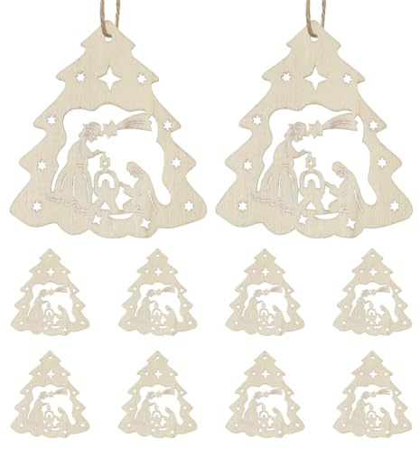 BESPORTBLE Christian Christmas Decorations, 10Pcs Wooden Nativity Tree Decorations Nativity Scene Hanging Ornaments Birth of Jesus Christian Ornaments for Xmas Tree