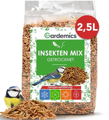 Gardemics Premium Insektenmix 2,5 Liter - 500g - Mit Mehlwürmer getrocknet, Soldatenfliegenlarven getrocknet & Gamarus für Vögel - Vogelfutter, Igelfutter, Insektenfutter für Wildvögel, Gartenvögel