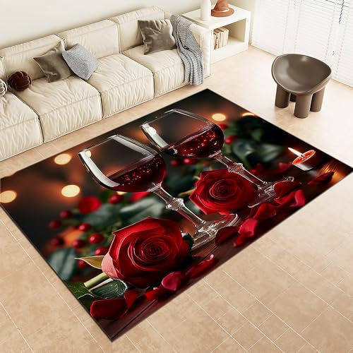 Waschbarer Teppich 180x240cm, Rosé Rotwein Valentinstag Liebe Weicher Rutschfester Vintage Teppich, Kurzflor Bedruckter Teppich für Wohnzimmer, Büro, Schlafzimmer Rot