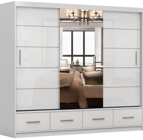 Fabryka Mebli Idźczak Kleiderschrank mit Spiegel weiß - Schwebetürenschrank - Schlafzimmerschrank - 61 x 250 x 218 cm - Wohnzimmerschrank - Garderobenschrank, Schrank mit 2 Türen, 4 Schubladen