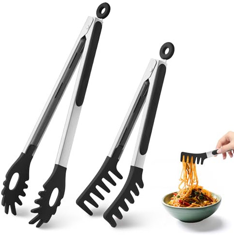 2 PCS Pasta Tong Spaghetti Tongs, 9-Inch & 12-Inch Heat Resistant Silicone Pasta Tongs Spaghetti Server with Teeth Silicone Tong for Serving Food, Cooking, Salad, Spaghetti Noodle (9+12-Black)