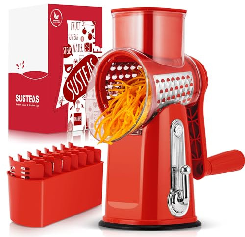 SUSTEAS Käsereibe mit Kurbel - Reibe für Gemüse mit 5 Trommelblättern, Starkem Saugfuß, Gemüseschneider,ideal für Käse,Gurken, Karotten,Nüsse,Gemüse usw, mit Klingenaufbewahrungsbox (Rot)