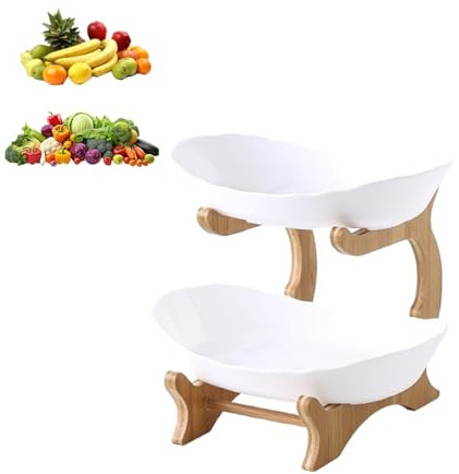 Corbeille à fruits à 2 niveaux, panier à légumes, panier à pain, plateau de service en polypropylène pour fruits, légumes, oignons, bananes, collations, chambre à coucher (blanc)
