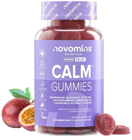 Magnesio Glicinato Gominolas - Calm Gummies con 1050 mg de Glicinato y Citrato de Magnesio, Ashwagandha, Glicina, Melisa, Vitamina B12 y Yodo - Vegano y Sin Gluten - 60 Gominolas - Novomins
