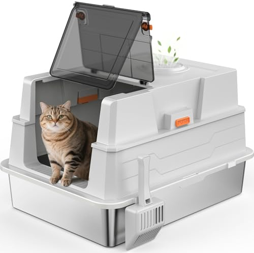MIXJOY XXXL Stainless Steel Cat Litter Tray with Flip Lid for Big Cats, Enclosed Metal Cat Litter Box with 43cm High Sided, 71cm Extra Large Litter Box for Cats up to 15kg, 71x51x43cm