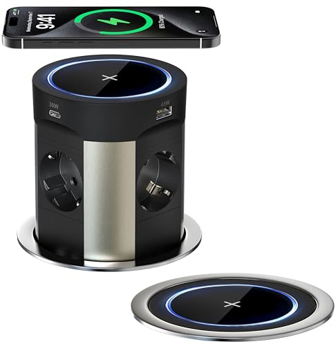 9-in-1 Versenkbare Tischsteckdose mit USB C PD75W, 4 Fach Einbau Steckdosenleiste mit 15W Kabellosem Laden, Sewingvr Versenkte Steckdose für Arbeitsplatte, Büro, Küche, 1.8M Kabel, D 100MM,Schwarz