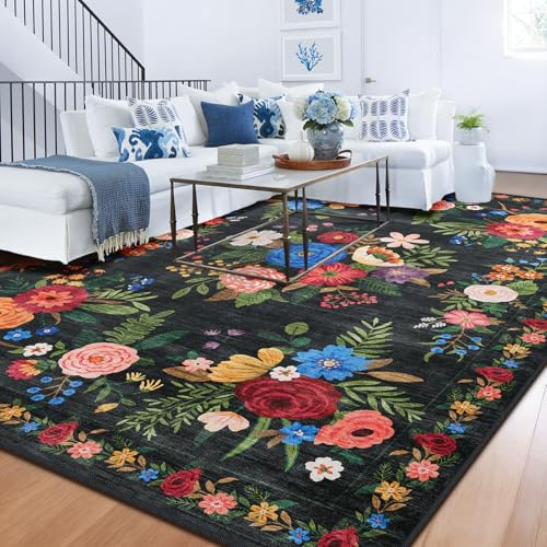 BYBSRLL Tapis Lavable Machine Salon 160x230cm Antidérapant Sol Style Boho Poil Bas Doux Vintage Floral Motif Chambre Cuisine Entrée Salle Détente Dessous Lit Dortoir Décoration Maison