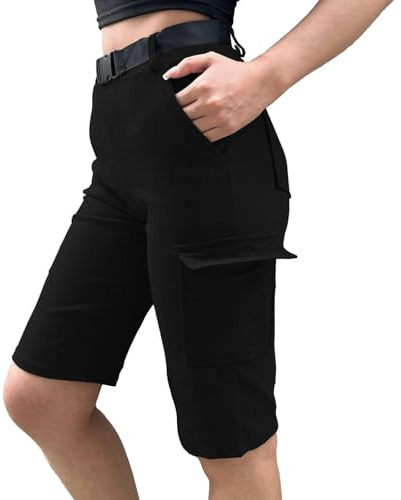 Nuofengkudu Elastiska cargoshorts kvinnor hög midja fickor dra på stridsshorts sport vardaglig tonåring flickor Y2k sommar gotiska heta byxor, Knälängd-svart, XXL