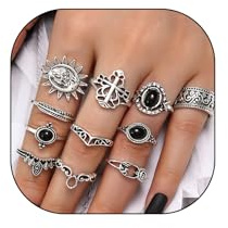 11Pcs Vintage Black Punk Rings Set Gothic Knuckle Midi Rings Adjustable Silver Sun Face Belt Cross Stackable Finger Rings Halloween Open Joint Jewelry for Women Men