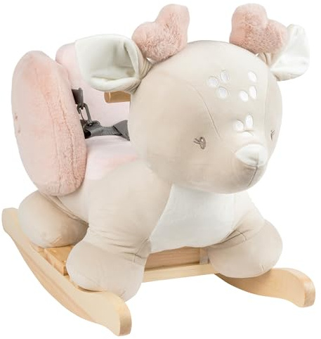 Nattou Animal à Bascule, Vache, cerf, avec Ceinture de sécurité, balançoire Joyeuse, 100% Polyester, Fan de Fan, Beige