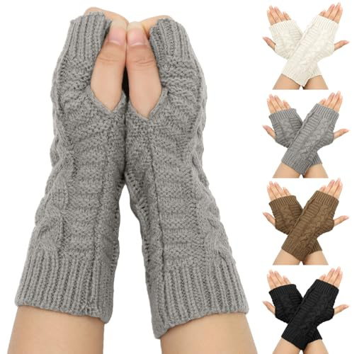 VEGCOO 4 Paar Halb Fingerlose Handschuhe, Weicher Strick Damen Winter Fäustlinge, Schwarz, Weiß, Grau, Braun