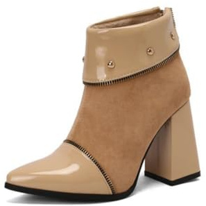 Botines para Mujer De Charol Y Ante Punta Puntiaguda Tacón Alto Ancho Cómodo Cremallera Tachuelas Slip On Zapatos Fiesta Noche,Apricot,41 EU