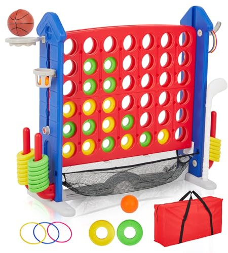 Juego gigante de 4 en fila, altura ajustable de 4 a puntuación, juego gigante con bolsa de transporte y bolsillo de malla, diseño de juego 4 en 1 con golf, mini baloncesto y lanzamiento de anillos
