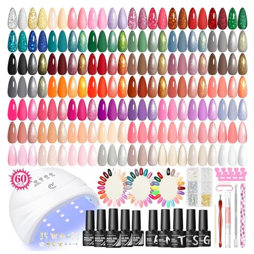 PEACECOLOR 73PCS Gel Nail Polish Kit with Lamp, 55+5 Colours Gel Nail Polish Set, White Pink Nude Red Nail Polish, Glossy Matte Glitter Base Top Coat, Manicure Tools Nail Salon Set Gift for Women