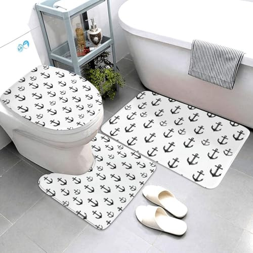 Nevjipu Set di 3 tappeti da bagno con stampa di ancoraggi neri assorbenti, antiscivolo, lavabili, copriwater a forma di U, tappetino per contorno WC, tappetino per doccia, tappetino da bagno per WC e