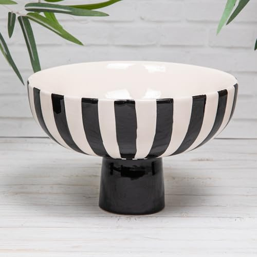 Annibells Black & White Stripe Fruit Bowl Ceramic Decorative Pedestal Display Dish