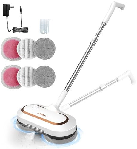 Electric Mop, AlfaBot S2 Cordless Spin Mop for Floor Cleaning, with LED Headlight and Sprayer/400ML Big Tank/60 Mins Runtime, Lightweight Floor Scrubber for Hardwood Floors, Tile, Laminate