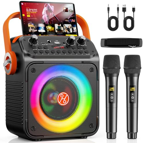 HWWR Karaoke Adulte 2 Micro sans Fil, 80W Cassa Bluetooth 5.3 | Karaoke Professionnel avec Préampli Enceinte Micro, Haut-Parleur Fête Portable avec Lumières LED Système PA