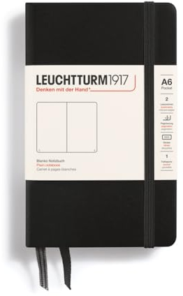 LEUCHTTURM1917 317257 Notizbuch Pocket (A6), Hardcover, blanko, schwarz | 187 nummerierte Seiten, Inhaltsverzeichnis, Fadenheftung, 2 Lesezeichen, Falttasche, Sticker-Set