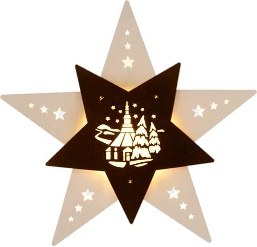 weigla - Fensterbild original Erzgebirge Stern Seiffener Kirche I Weihnachtsdeko Fenster I 1 LED Lampe I 0,8 W, E14 I Fensterbild Weihnachten I Weihnachtsbeleuchtung Holz I Fensterdeko hängend