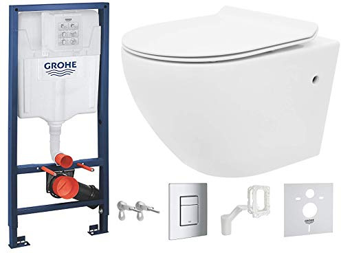 VBChome Hänge WC spülrandlos Grohe Rapid SL Set für Wand-WC Toilette inkl. softclose wc Sitz absenkautomatik Deckel aus Duroplast Wandhalter Betätigungsplatte in chrom und Grohe-Fresh (GCARS)