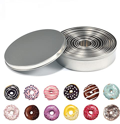 12pcs Acero inoxidable redondo galleta cortador de galletas donut scone cutter set hornear moldes de anillo de metal para masa fondant