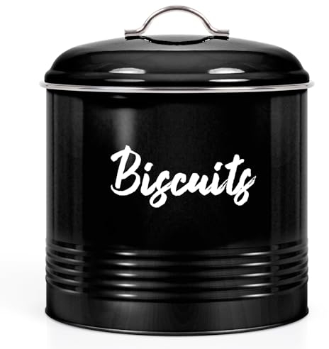 EHC Round Biscuit Cookie Tin Black, Kitchen Food Barrel Storage Box, Airtight Lids Easy to Open - Storage Tin for Biscuit, Cookies Jars, 3 Litres