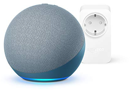 Echo (4.ª generación), Sonido de alta calidad, Azul grisáceo + Amazon Smart Plug (enchufe inteligente WiFi), compatible con Alexa - Kit de inicio de Hogar digital