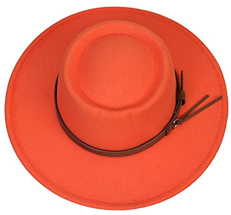 JK Home Sombrero de ala ancha para mujer, cóncava, de fieltro, para derby, bolos, barco, con hebilla de cinturón vintage, Porkpie, Fedora, Iglesia, Jazz, Trilby, B: Naranja, Talla única