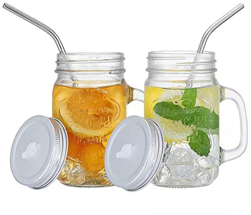 YSJILIDE Smoothie Cup with Lid and Straw, Iced Coffee Cup Reusable, Mason Jar Cups, Mason Jar Drinking Glasses for Juice Coffee Milkshake, Mason Jars with Handle Set of 2 (WHTIE)