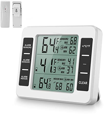 drahtloses digitales akustisches Alarm-Kühlschrank-Thermometer,Kühlschrank-Thermometer, Innen-Außen-Thermometer mit 2-teiligem Sensor-Min/Max-LCD-Display für Zuhause, Restaurants, Bars