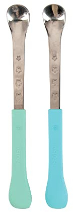 Nuby 2 in 1 Silicone and Stainless Steel Dual Ended Feeding Spoons for Baby, Aqua/Blue