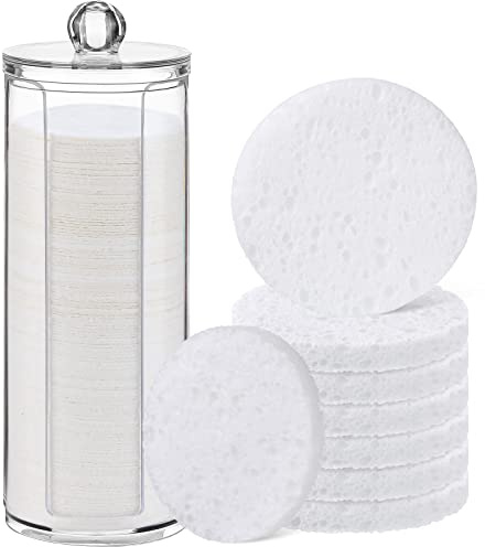 Sieral 120pcs Compressed Facial Sponges Disposable Natural Face Sponges Round Soft Pads with Container for Washing Face Cleansing Exfoliating Esthetician Makeup Removal Travel(White)