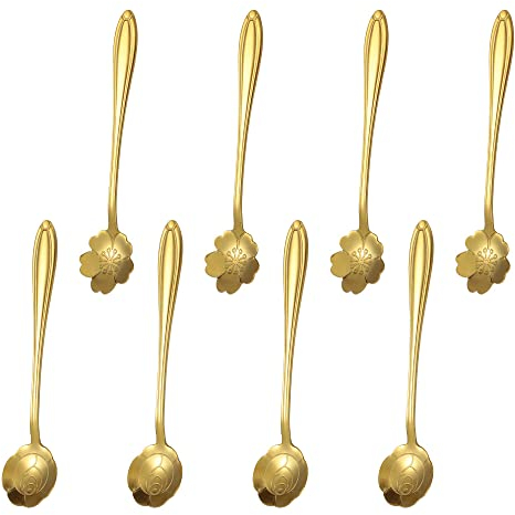 8 Pcs Gold Cake Sugar Tea Spoon Stainless Steel Coffee Spoon Teaspoons Flower Tea Spoons Set for Coffee Tea Parties Stirring Mixing Sugar Dessert Ice Cream Spoon