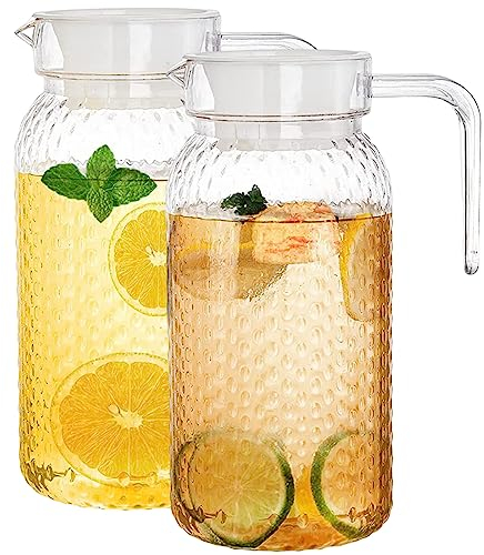 SMELEYOU Jugs, Water Jug with Lid 2Pcs Heat Resistant Juice Jugs Unbreakable 1L Pitcher Jug BPA-Free Clear Fridge Jug for Lemonade, Iced Tea, Milk