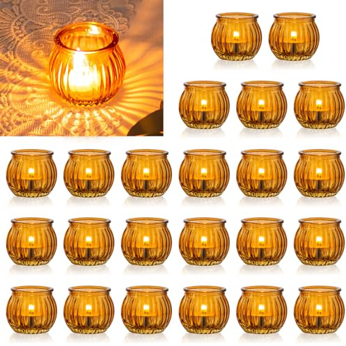 NUPTIO Portacandelitas Set de 24 Portacandelitas Calabaza Ámbar de Cristal Acanalado Votiva A Granel Decoraciones de Navidad Halloween Centros de Mesa de Boda Fiesta de Salón