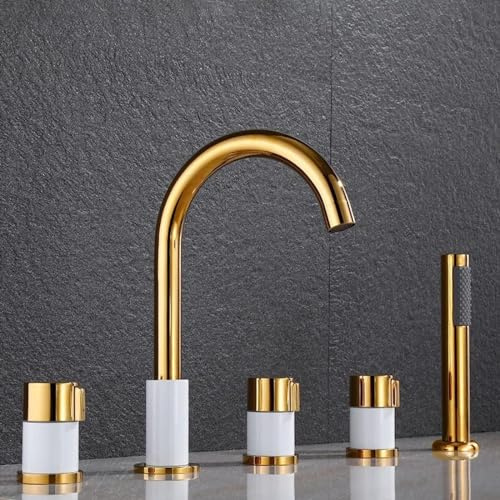 XJTNLB 5-Loch Wannenrandarmatur Badewannenarmatur mit Brause, Mischbatterie Badewanne Duschbatterie Modern Gold+Weiß
