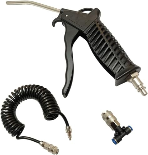 Luft Pistole Ausblaspistole Druckluft mit 5 Meter Spiralschlauch und T-Stück Kupplung für Lkw Kabine Universal Set Schwarz