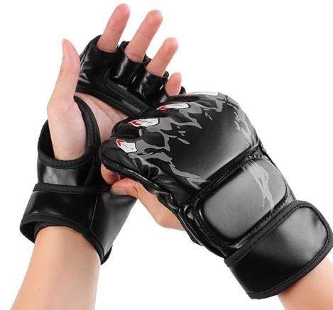 HERCHR Guante De Boxeo Deportivo, Guantes MMA Sparring Híbridos De Palma Abierta Manoplas De Artes Marciales para Hombres Y Mujeres Soporte De Muñeca De Cuero para Entrenamiento Muay Thai(Negro)